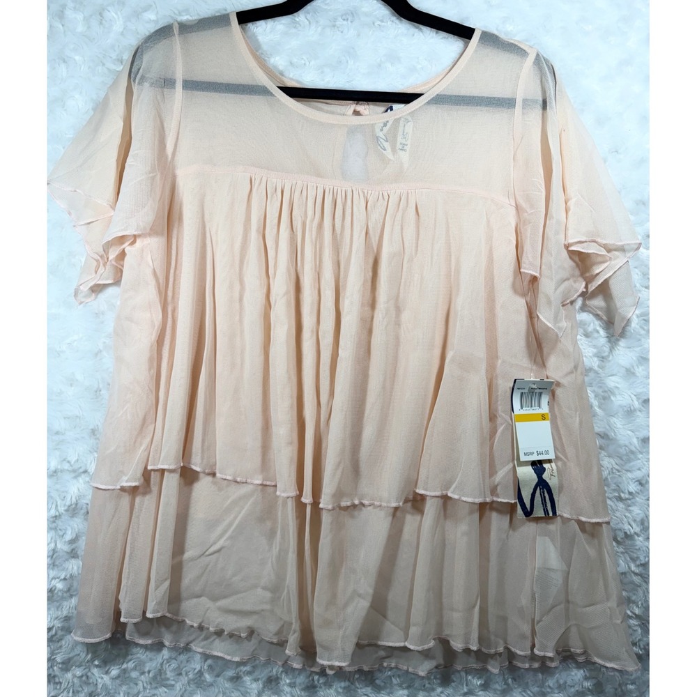 Seven Womens S Peach Mesh Tiered Babydoll Blouse Short Sleeve Ruffle Top NWT